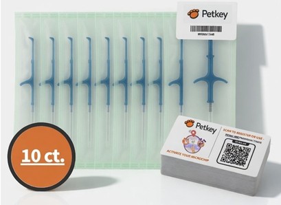 Petkey ISO microchips in sterile packs with QR registration cards